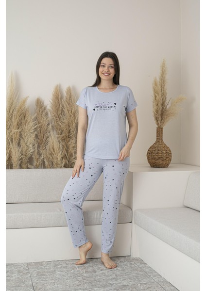 Kadın Yazlık Kalp Desenli Kısa Kollu Viskon Pijama Takımı