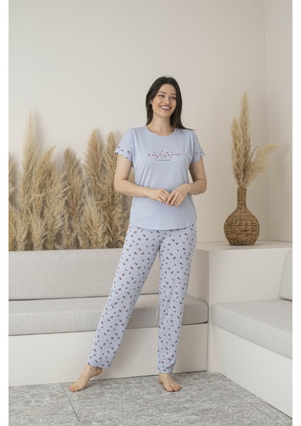 Kadın Yazlık Desenli Kısa Kollu Viskon Pijama Takımı