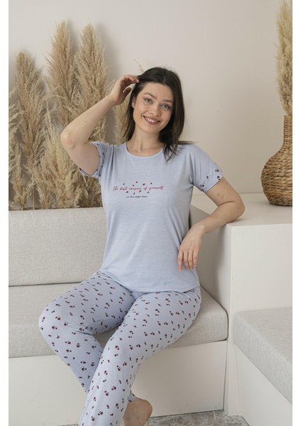Kadın Yazlık Desenli Kısa Kollu Viskon Pijama Takımı