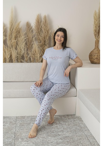 Kadın Yazlık Desenli Kısa Kollu Viskon Pijama Takımı