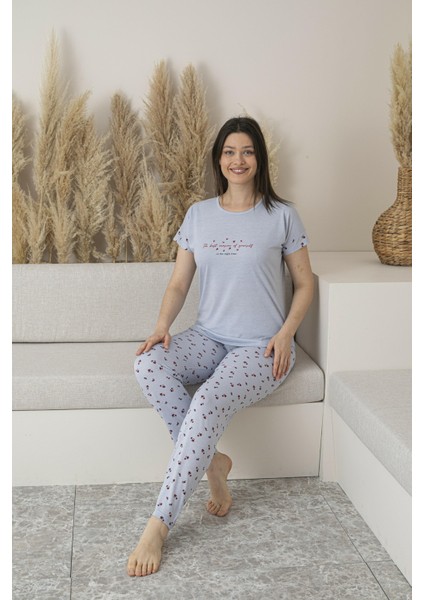 Kadın Yazlık Desenli Kısa Kollu Viskon Pijama Takımı