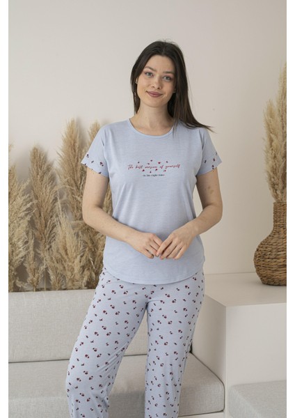 Kadın Yazlık Desenli Kısa Kollu Viskon Pijama Takımı