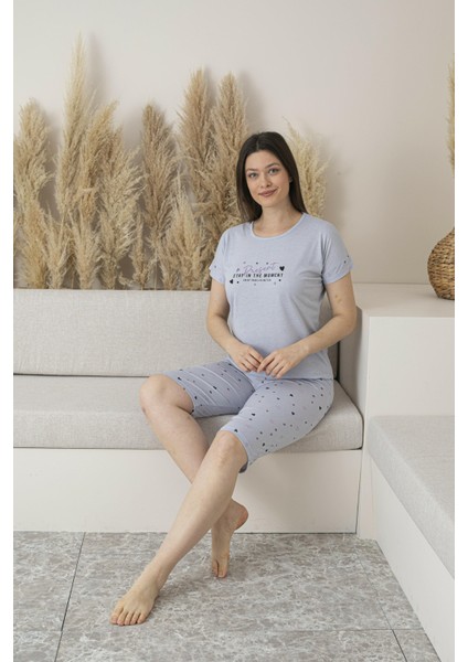Kadın Yazlık Kalp Desenli Kısa Kollu Kaprili Viskon Pijama Takımı