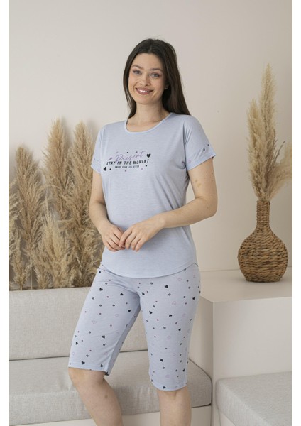 Kadın Yazlık Kalp Desenli Kısa Kollu Kaprili Viskon Pijama Takımı