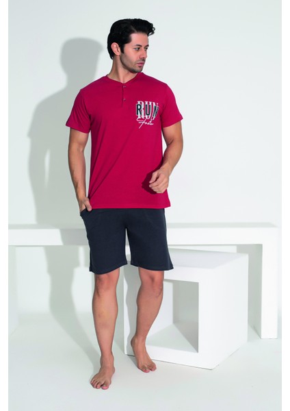 Erkek Yazlık Run Baskılı Kısa Kollu Düğmeli Şortlu Penye Pijama Takımı