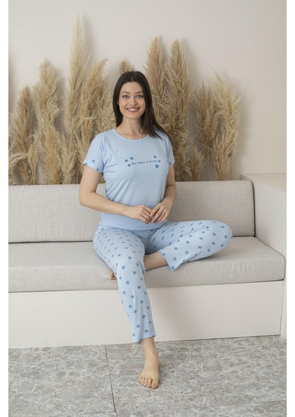 Kadın Yazlık Yıldız Desenli Kısa Kollu Viskon Pijama Takımı modelleri