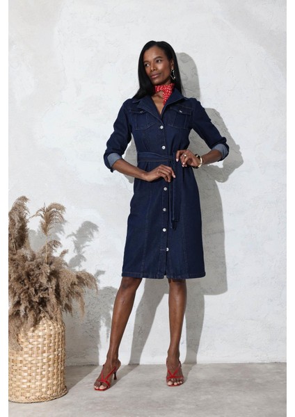 Rins Yıkamalı Kuşaklı Midi Boy Denim Elbise 1054