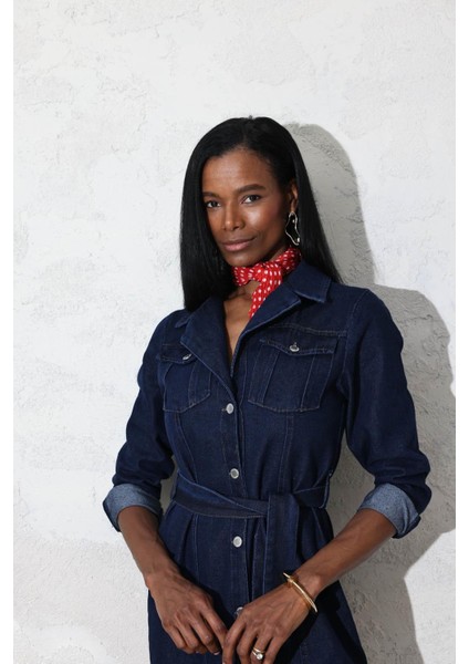 Rins Yıkamalı Kuşaklı Midi Boy Denim Elbise 1054