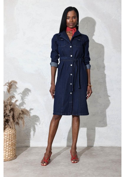 Rins Yıkamalı Kuşaklı Midi Boy Denim Elbise 1054