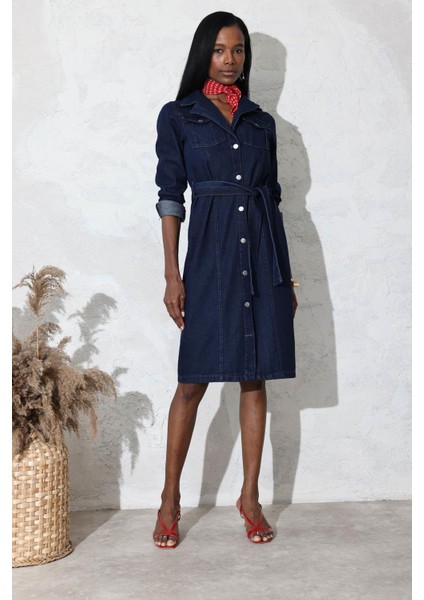 Rins Yıkamalı Kuşaklı Midi Boy Denim Elbise 1054