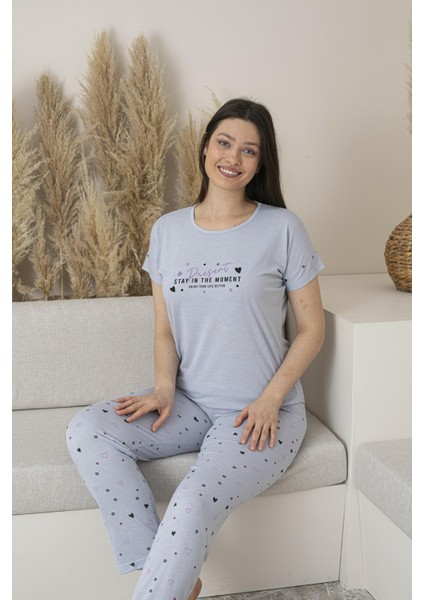 Kadın Yazlık Kalp Desenli Kısa Kollu Viskon Pijama Takımı