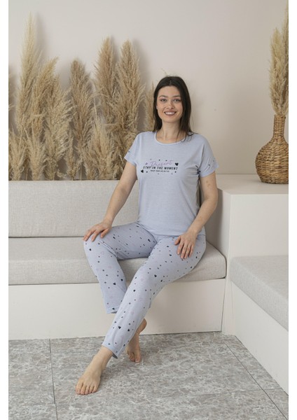 Kadın Yazlık Kalp Desenli Kısa Kollu Viskon Pijama Takımı