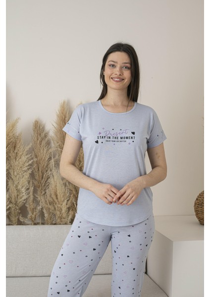 Kadın Yazlık Kalp Desenli Kısa Kollu Viskon Pijama Takımı