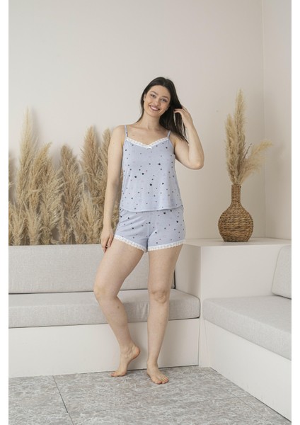 Kadın Yazlık Kalp Desenli Ip Askılı Şortlu Viskon Pijama Takımı
