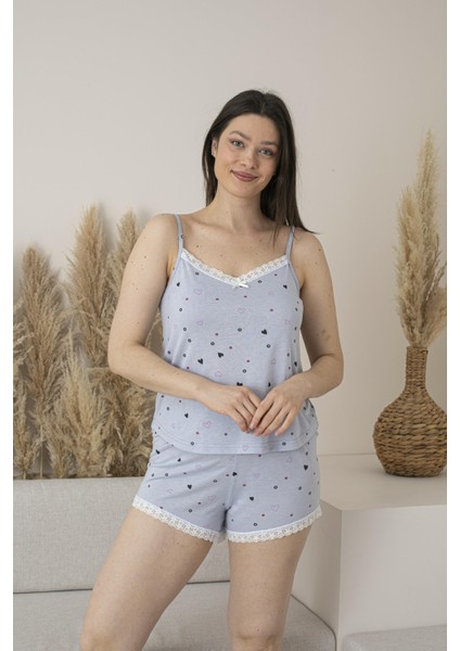 Kadın Yazlık Kalp Desenli Ip Askılı Şortlu Viskon Pijama Takımı
