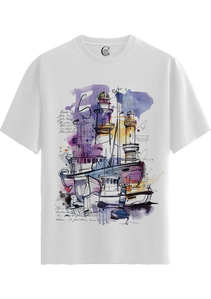 Abstract Harbor - Pamuklu Kadın Beyaz Tişört - Premium Quality