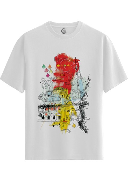 Istanbul Sketch - Pamuklu Kadın Beyaz Tişört - Premium Quality