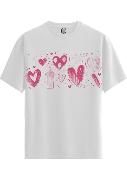 Pink Hearts - Pamuklu Kadın Beyaz Tişört - Premium Quality