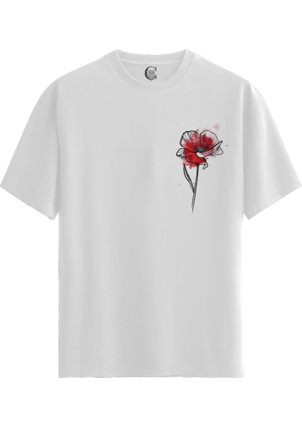 Red Poppy - Pamuklu Kadın Beyaz Tişört - Premium Quality