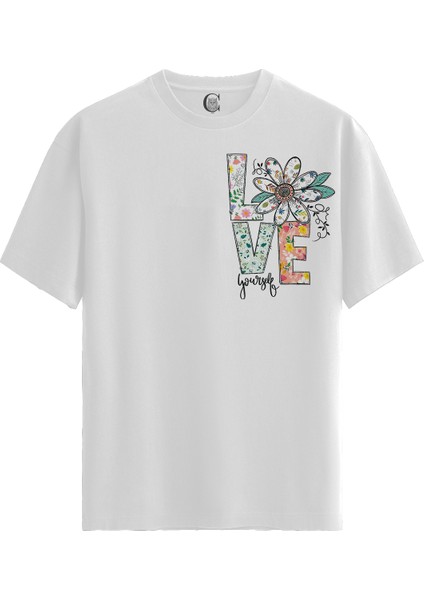 Floral Love - Pamuklu Kadın Beyaz Tişört - Premium Quality