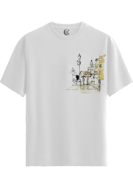 Urban Sketch - Pamuklu Kadın Beyaz Tişört - Premium Quality