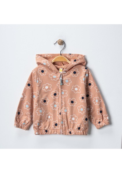 Kız 9/24 Ay Çiçek Desenli Kapşonlu Hırka