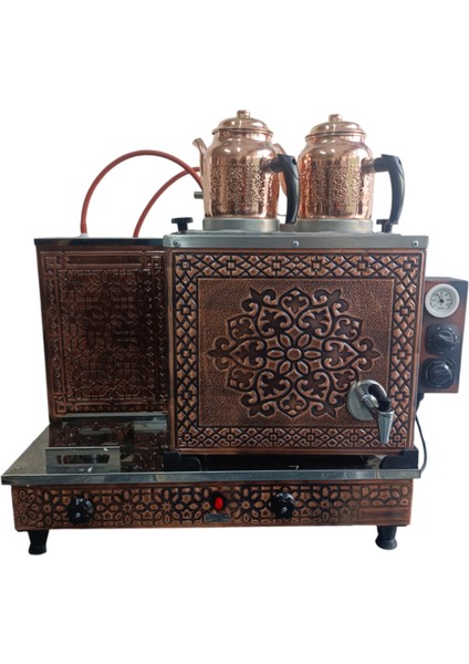 2 Demlikli Doğalgazlı Ce Gazmer Onaylı Bakır Çay Kazanı Gaz Emniyet Kilit Sistemli Bakır Çay Semaveri Çay Ocağı