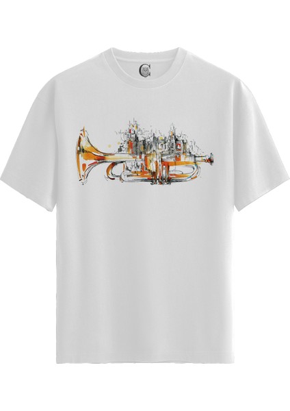 Trumpet City - Pamuklu Kadın Beyaz Tişört - Premium Quality