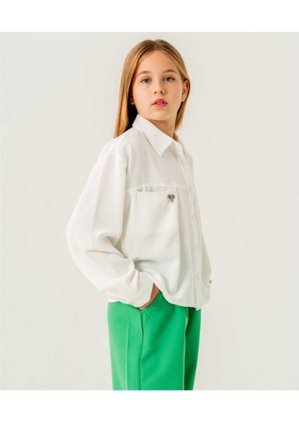 Kız 10/15 Yaş Taşlı Fiyonk Torba Cepli Gömlek