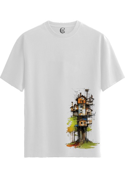 Treehouse City - Pamuklu Kadın Beyaz Tişört - Premium Quality