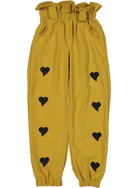 Kız 5/8 Yaş Keten Beli Fırfırlı Kalpli Pantolon