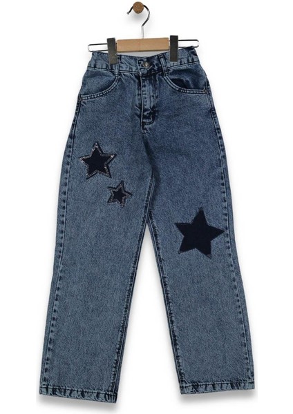 Kız 6/10 Yaş Yıldızlı Taşlı Geniş Paça Mavi Kot Pantolon