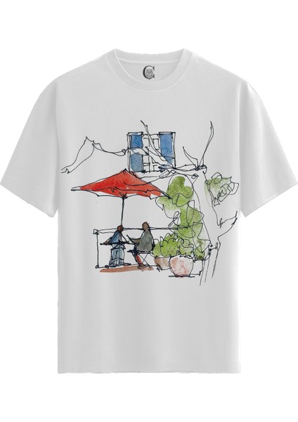 Cafe Sketch - Pamuklu Erkek Beyaz Tişört - Premium Quality