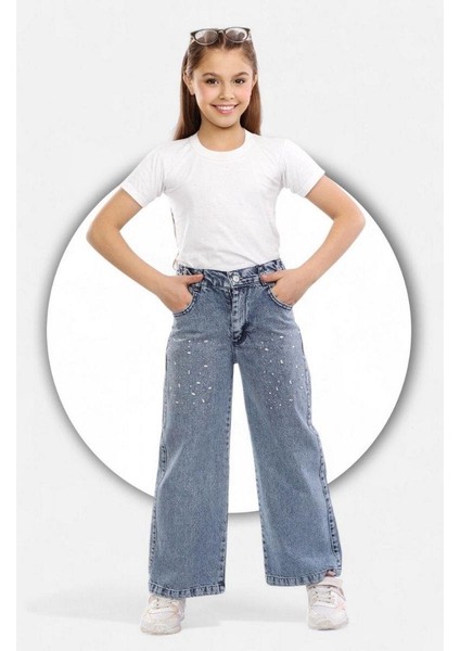 Kız 13/16 Yaş Mavi Kot Serme Taşlı Palazo