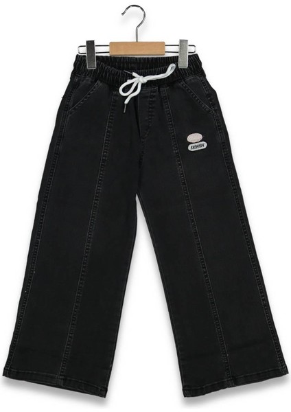 Kız 9/12 Yaş Fashıon Nakışlı Bel Lastikli Bol Paça Kot Pantolon