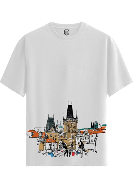 Prague Tower - Pamuklu Erkek Beyaz Tişört - Premium Quality