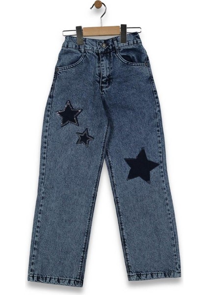 Kız 11/15 Yaş Yıldızlı Taşlı Geniş Paça Mavi Kot Pantolon