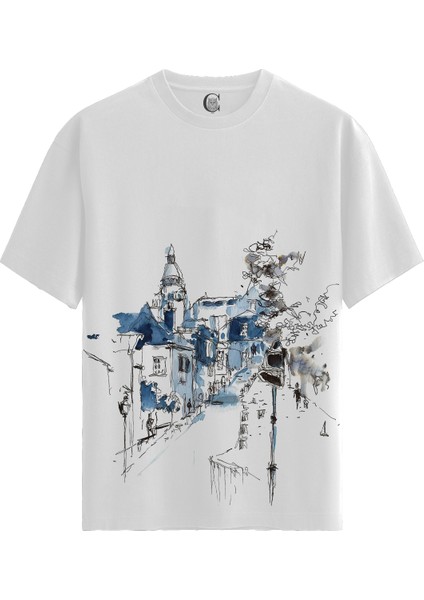 Blue Cityscape - Pamuklu Erkek Beyaz Tişört - Premium Quality