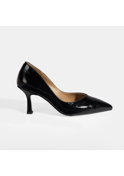 Eliya Siyah Kadın Kroko Baskılı Deri Stiletto
