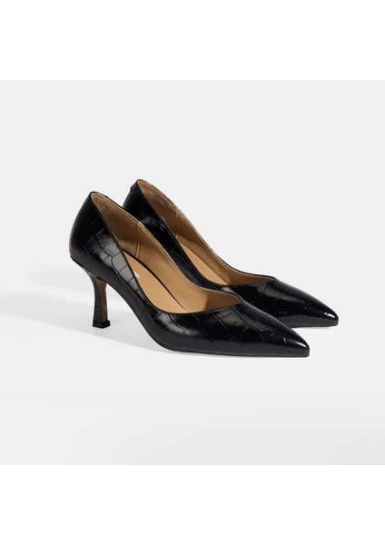 Eliya Siyah Kadın Kroko Baskılı Deri Stiletto