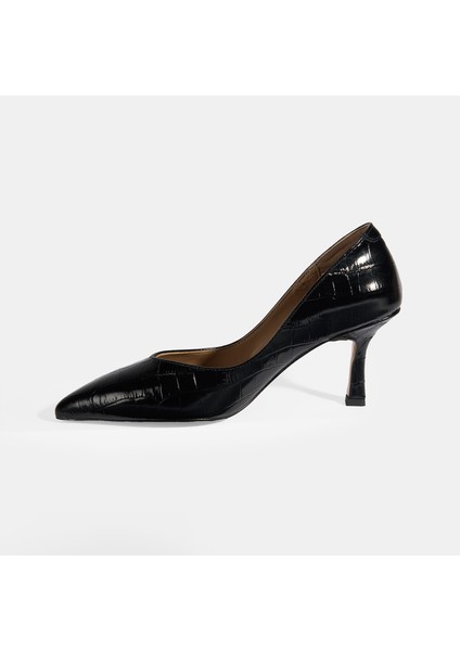 Eliya Siyah Kadın Kroko Baskılı Deri Stiletto