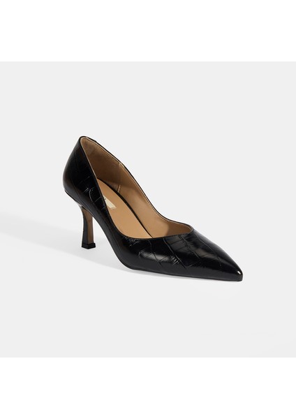 Eliya Siyah Kadın Kroko Baskılı Deri Stiletto