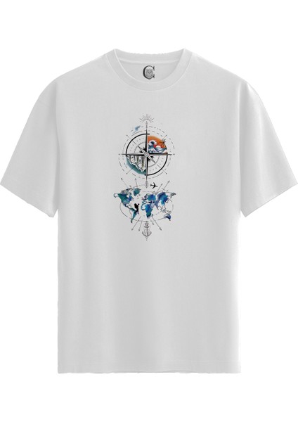 Compass Explorer - Pamuklu Erkek Beyaz Tişört - Premium Quality