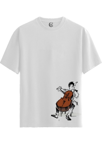 Cello Player - Pamuklu Erkek Beyaz Tişört - Premium Quality