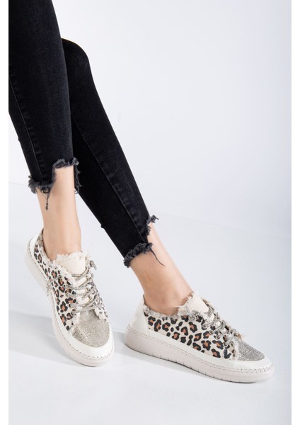Neva Taşlı Düz Taban Kadın Leopar Kot Sneakers