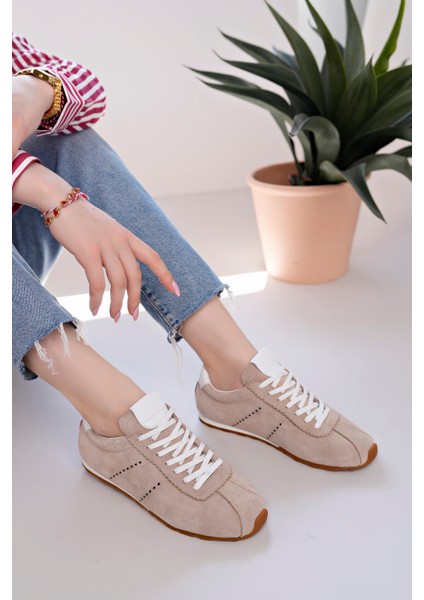 Lizbon Model Hakiki Deri Bej Süet Bağcıklı Günlük Kadın Sneakers indirimleri