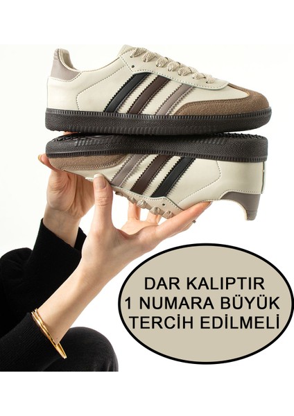 Krem Kahve Şeritli Düz Taban Bağcıklı Kadın Spor Ayakkabı SMB555