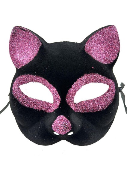 NessiWorld Siyah Renk Pembe Simli Süet Kedi Maskesi 18x14 cm