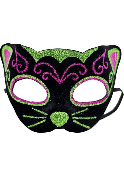 Nessiworld Siyah Kadife Kaplama Üzeri Pembe Yeşil Sim İşlemeli Kedi Maskesi 20x13 cm