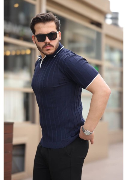 Polo Yaka Şerit Detaylı Polyamid Triko Tshirt / Tişört